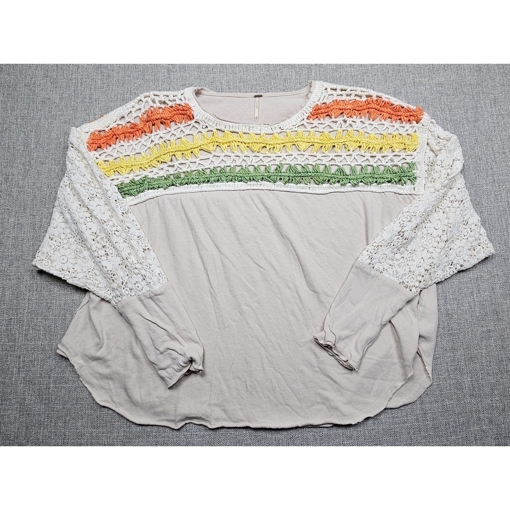Free People Shirt Womens Medium Beige Crochet Lace Boho Long Sleeve Pullover Top